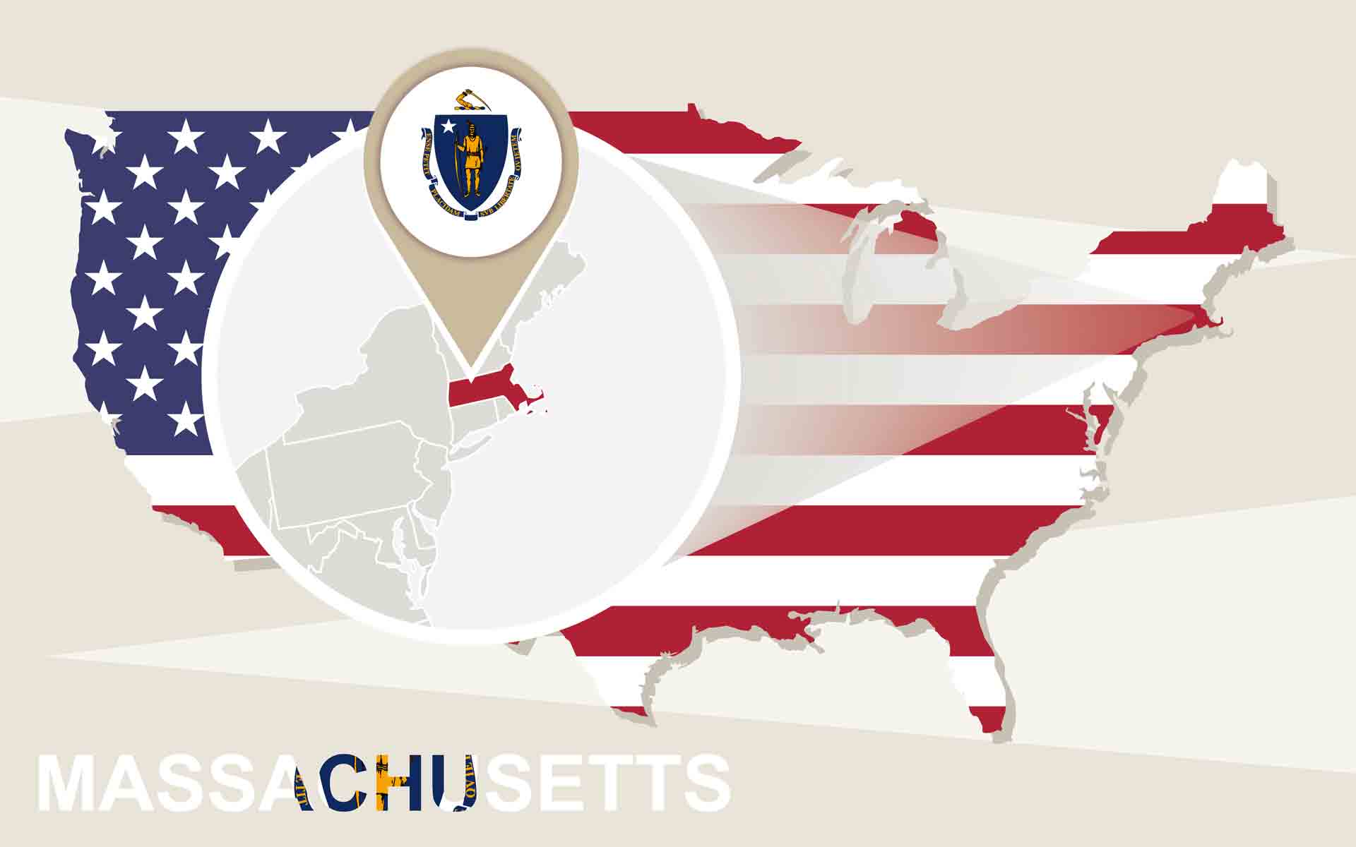 USA map with magnified Massachusetts State Massachusetts flag a